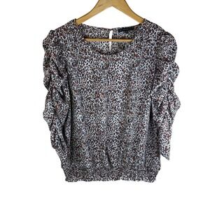 Adrianna Papell Animal Print Leopard Ruffled Long Puff Sleeve Blouse Medium